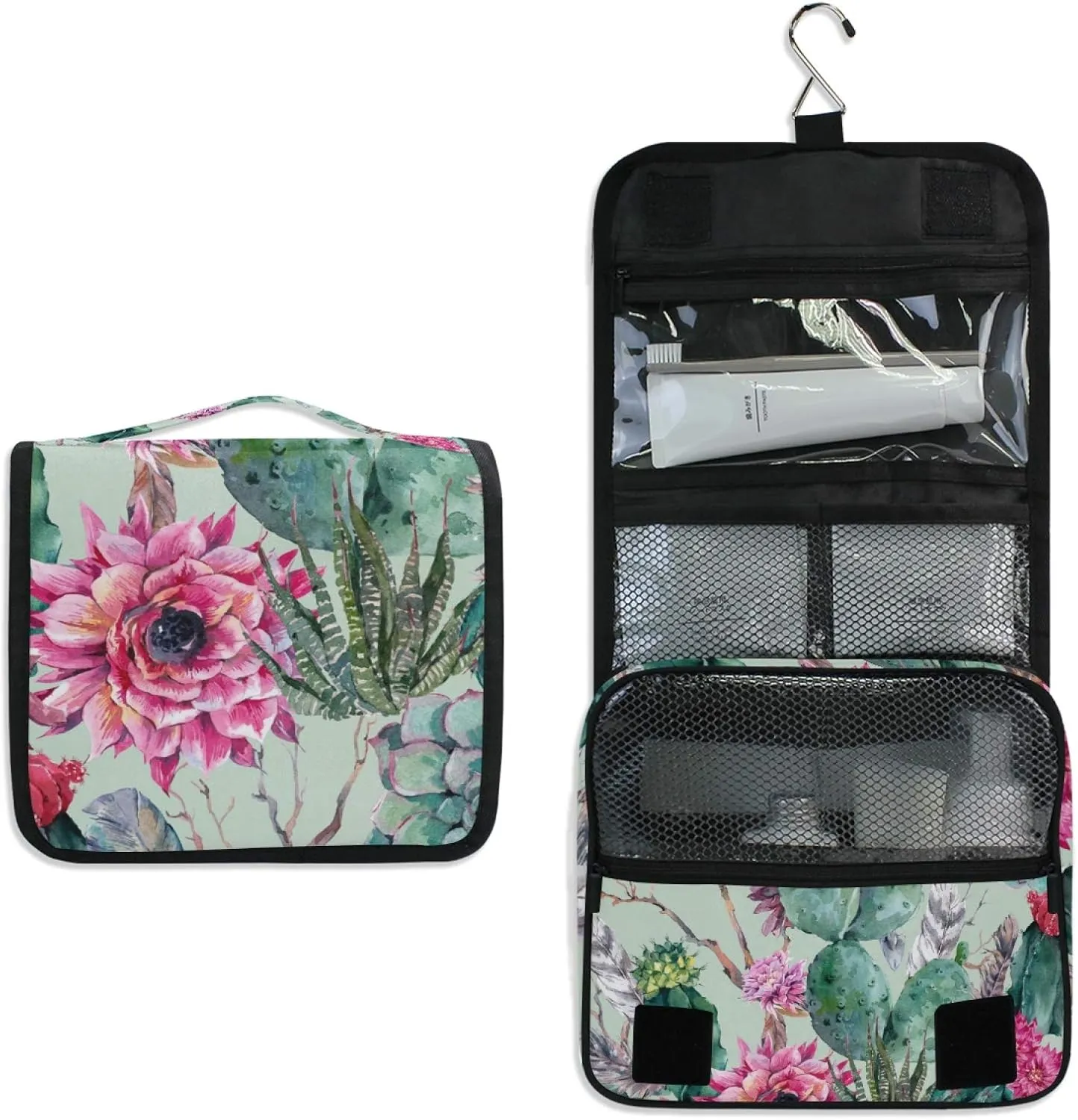 ALAZA Cactus Red Flower Hanging Toiletry Bag for Women Travel Cosmetics Bag Large Capacity Makeup Pouch with Hook Bathroom Storage Bag Waterproof