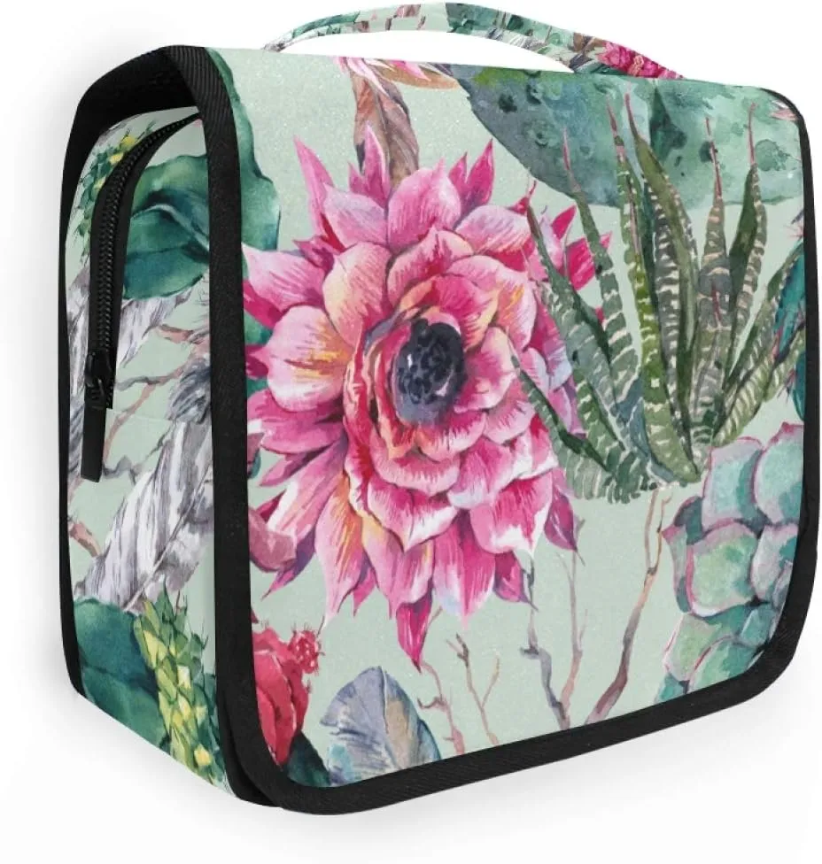 ALAZA Cactus Red Flower Hanging Toiletry Bag for Women Travel Cosmetics Bag Large Capacity Makeup Pouch with Hook Bathroom Storage Bag Waterproof