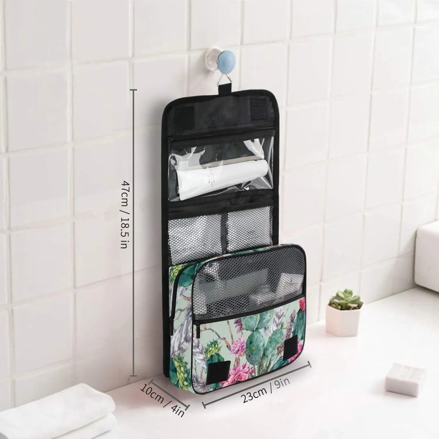 ALAZA Cactus Red Flower Hanging Toiletry Bag for Women Travel Cosmetics Bag Large Capacity Makeup Pouch with Hook Bathroom Storage Bag Waterproof