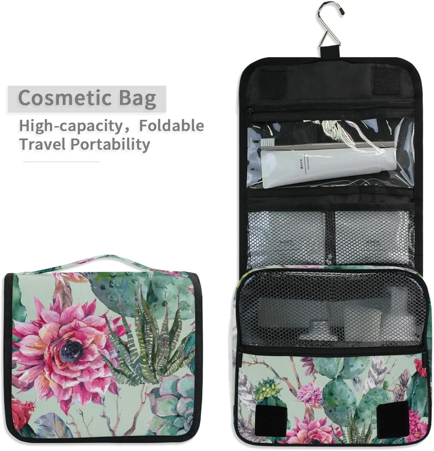 ALAZA Cactus Red Flower Hanging Toiletry Bag for Women Travel Cosmetics Bag Large Capacity Makeup Pouch with Hook Bathroom Storage Bag Waterproof