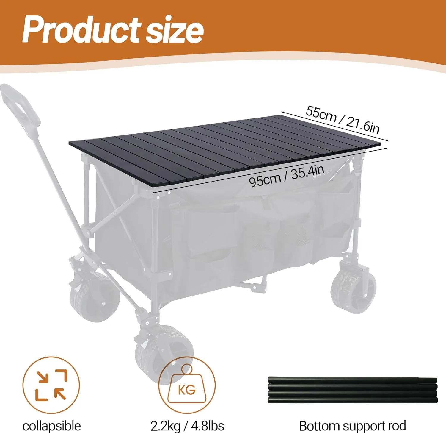 Aluminum Alloy Steel Collapsible Board Desktop Folding Table for Garden Cart Foldable Wagon Heavy Duty Foldable Metal Outdoor Camping 37.4x21.6 inch (Black)