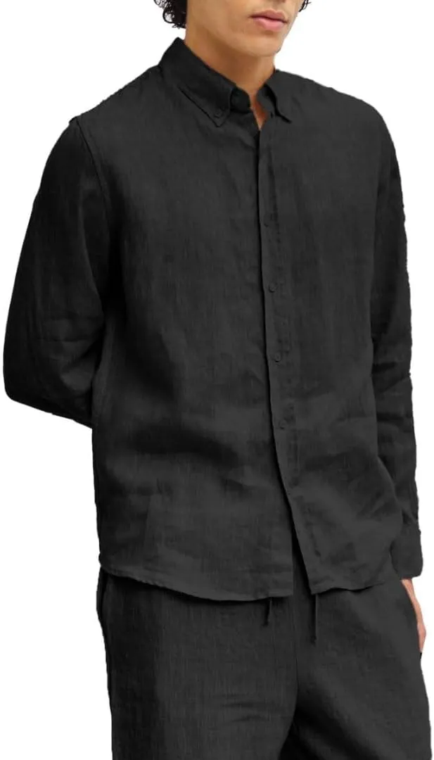 Amazhiyu Men's Relaxed Fit Pure Linen Long Sleeve Button Down Shirt Casual Summer