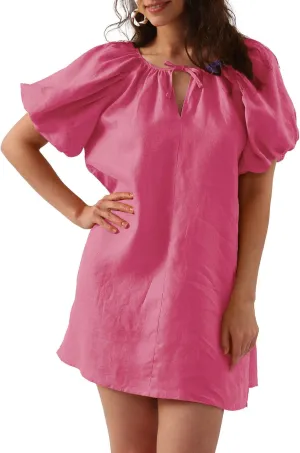 Amazhiyu Women’s Pure Linen Summer Puff Sleeve V Neck Mini Dress with Belt