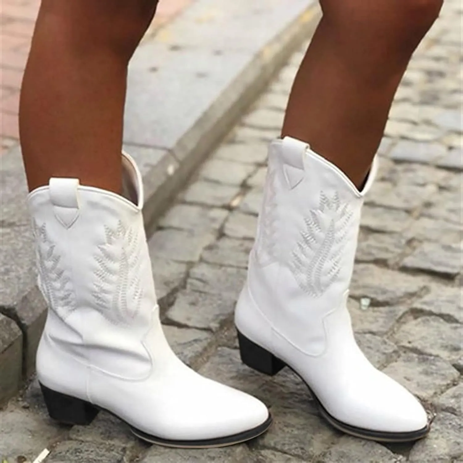 AMDBEL Wide Calf Boots for Women Low Heel Womens Fall Boots 2024 Western Cowboy Boots Embroidered Cowgirl Fashion Booties