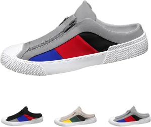 AngryMonkey Men's Slip-On Canvas Mules,Fashion Colorblock Sneakers Dual Zip Backless Breathable Low-top Flat Casual Slippers