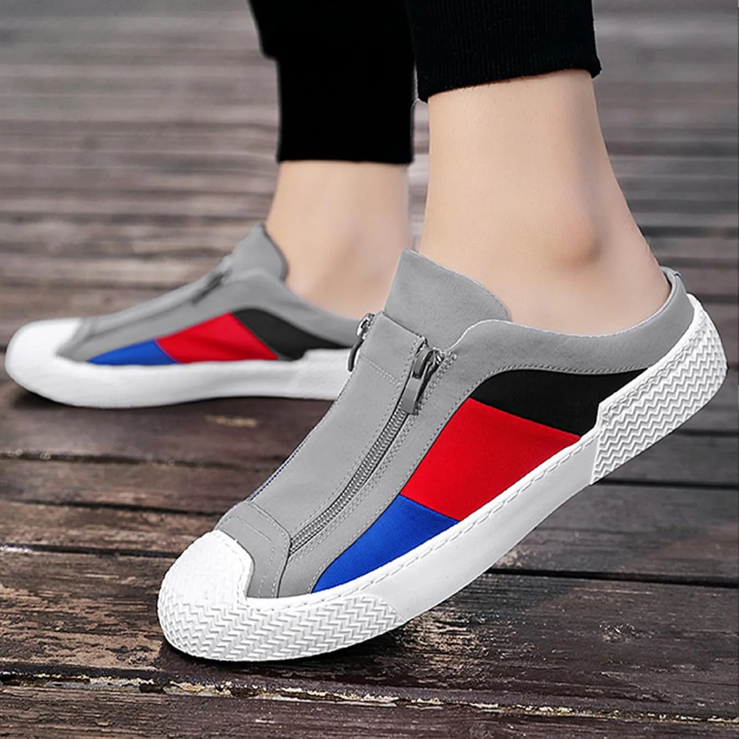 AngryMonkey Men's Slip-On Canvas Mules,Fashion Colorblock Sneakers Dual Zip Backless Breathable Low-top Flat Casual Slippers