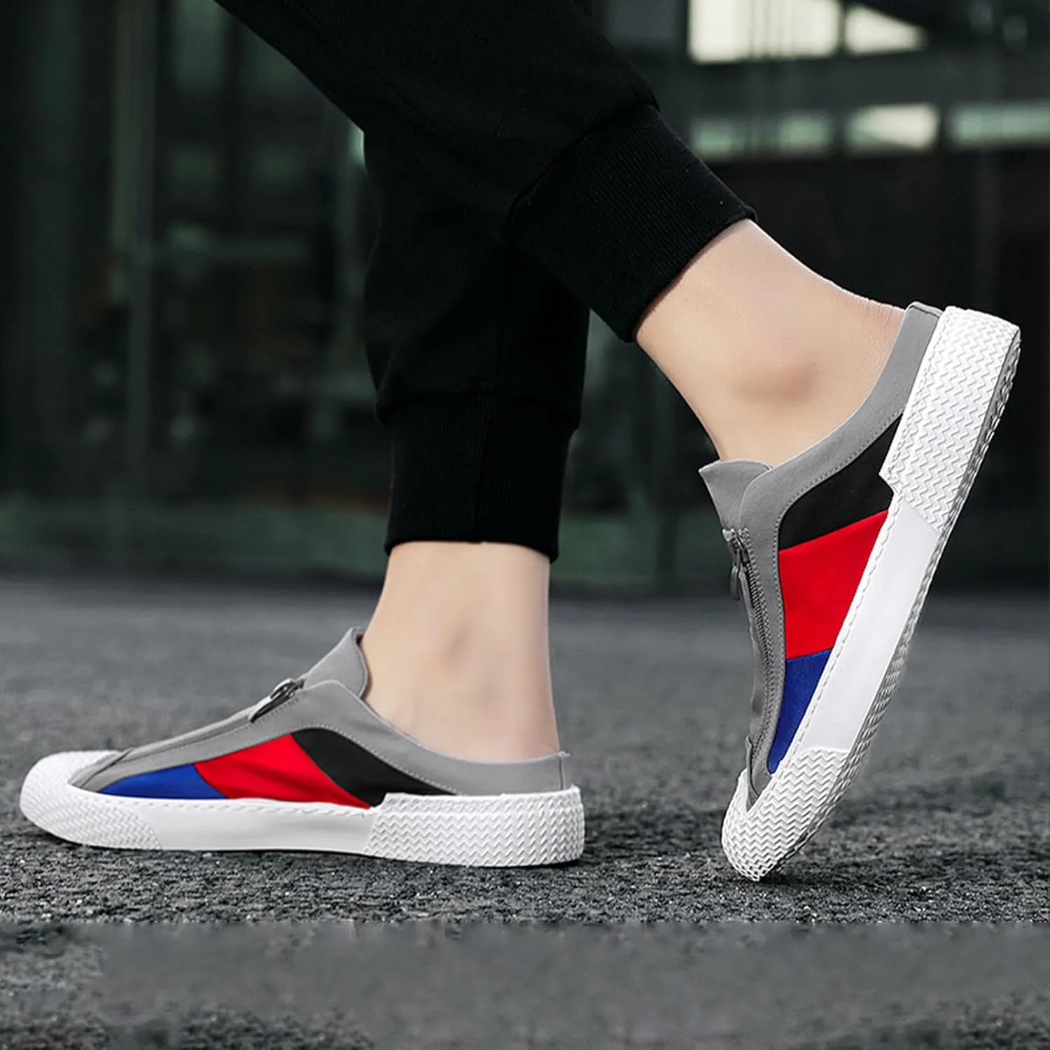 AngryMonkey Men's Slip-On Canvas Mules,Fashion Colorblock Sneakers Dual Zip Backless Breathable Low-top Flat Casual Slippers