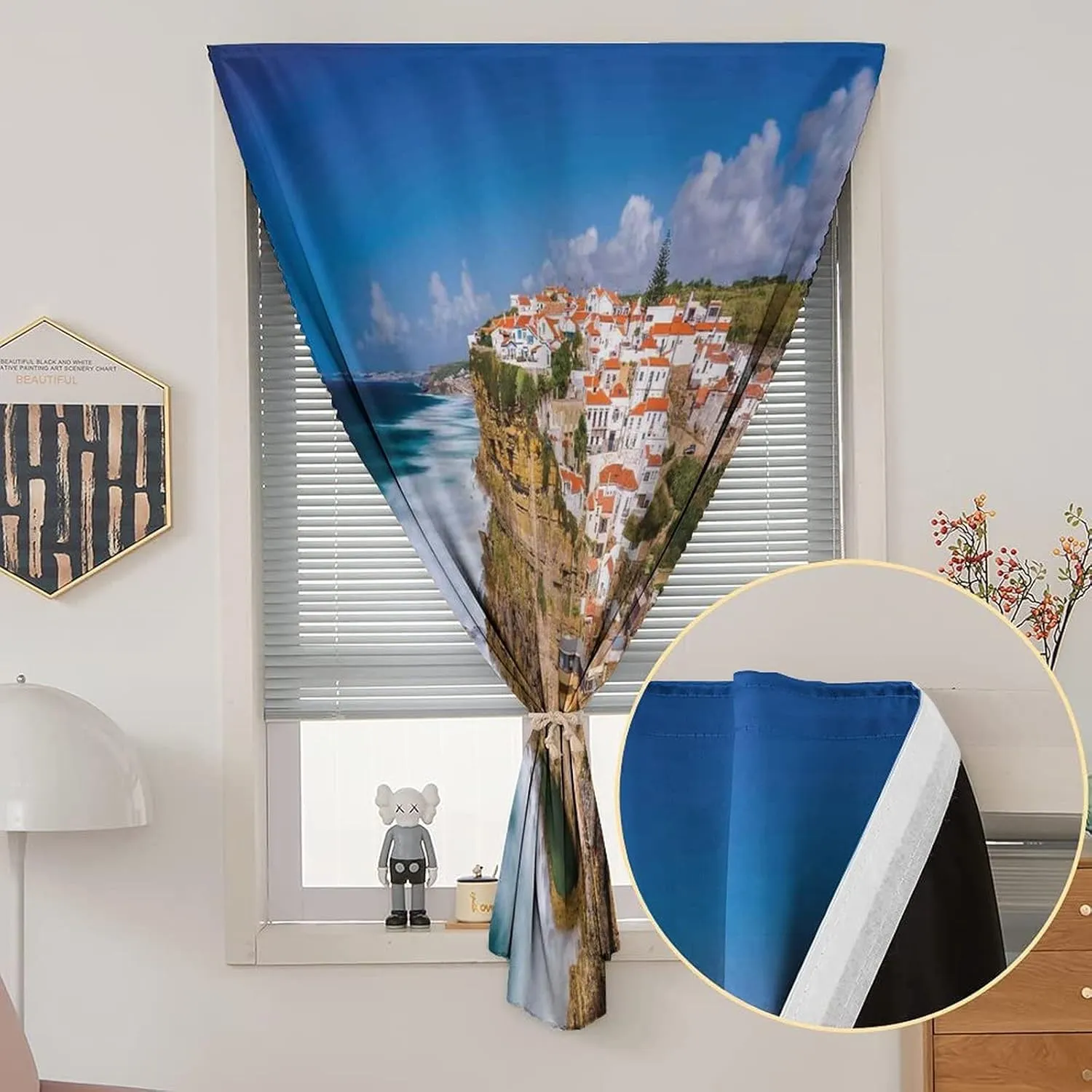 Anywhere Portable Blackout Curtain, Cityscape Door Window Curtains, Portugal Seaside on Cliffs Sky Mediterranean Ocean Village Europe Print Bedroom Blackout Curtains,59W x72L Inches, for Bathroom