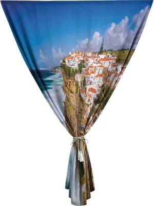 Anywhere Portable Blackout Curtain, Cityscape Door Window Curtains, Portugal Seaside on Cliffs Sky Mediterranean Ocean Village Europe Print Bedroom Blackout Curtains,59W x72L Inches, for Bathroom