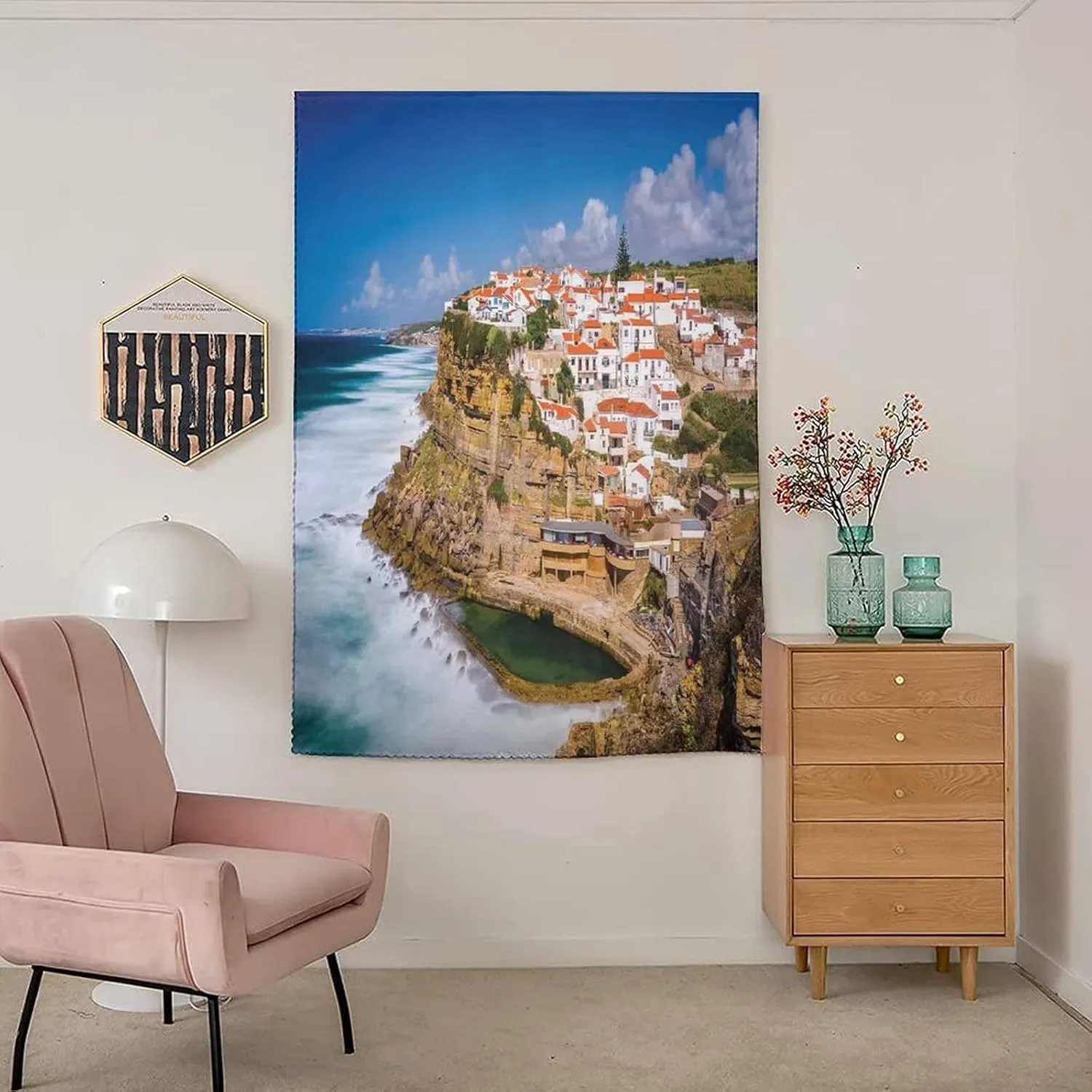 Anywhere Portable Blackout Curtain, Cityscape Door Window Curtains, Portugal Seaside on Cliffs Sky Mediterranean Ocean Village Europe Print Bedroom Blackout Curtains,59W x72L Inches, for Bathroom