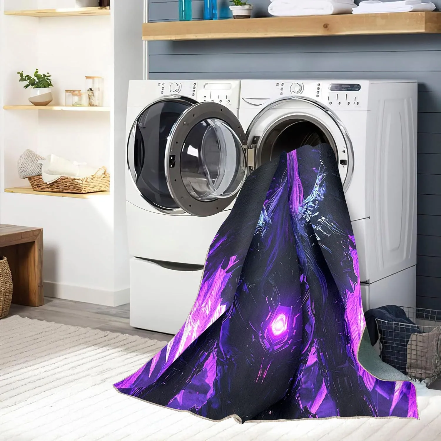 Area Rugs 2.6'x3.9' Non Slip Anime Rug Foldable Machine Washable 3D Purple Wings Black Armor Girl Pattern Carpet Low Pile Faux Wool Comfy Fluffy Floor Carpet for Various Scenes Home Decor Aesthetic