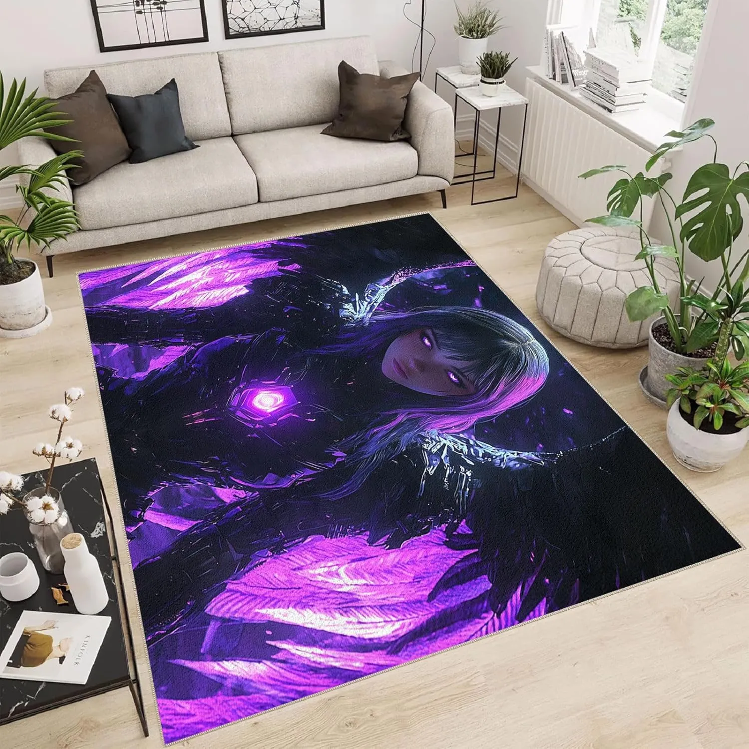 Area Rugs 2.6'x3.9' Non Slip Anime Rug Foldable Machine Washable 3D Purple Wings Black Armor Girl Pattern Carpet Low Pile Faux Wool Comfy Fluffy Floor Carpet for Various Scenes Home Decor Aesthetic