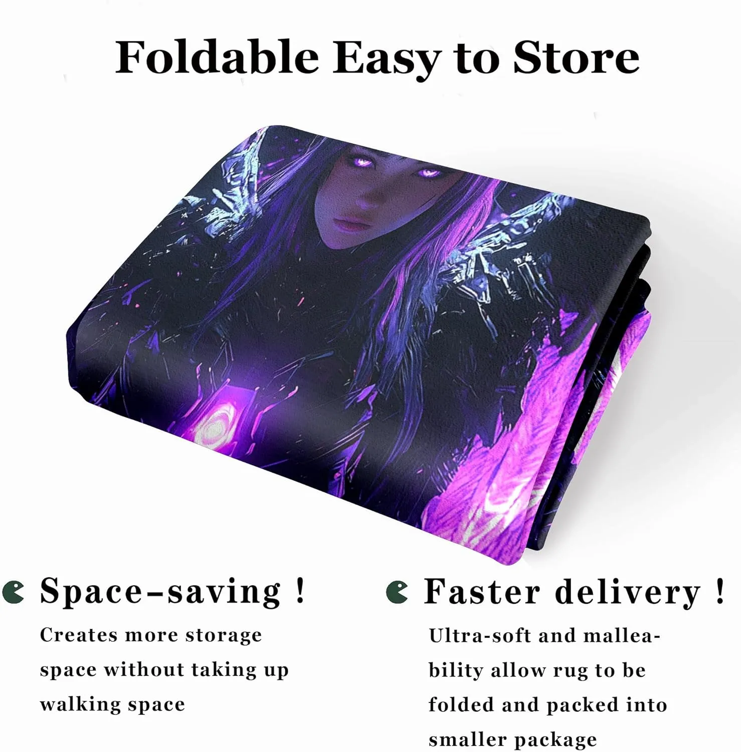 Area Rugs 2.6'x3.9' Non Slip Anime Rug Foldable Machine Washable 3D Purple Wings Black Armor Girl Pattern Carpet Low Pile Faux Wool Comfy Fluffy Floor Carpet for Various Scenes Home Decor Aesthetic