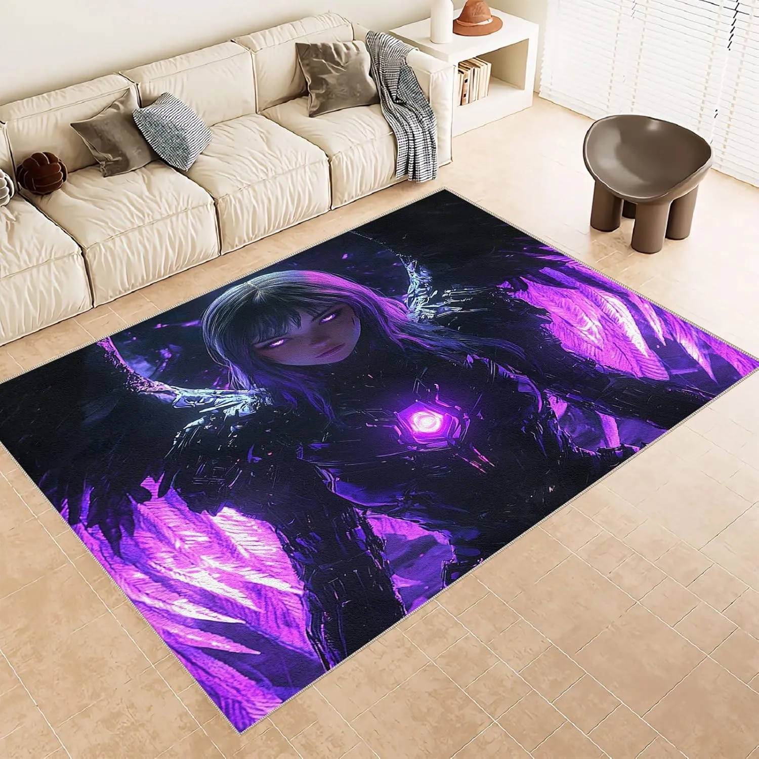 Area Rugs 2.6'x3.9' Non Slip Anime Rug Foldable Machine Washable 3D Purple Wings Black Armor Girl Pattern Carpet Low Pile Faux Wool Comfy Fluffy Floor Carpet for Various Scenes Home Decor Aesthetic