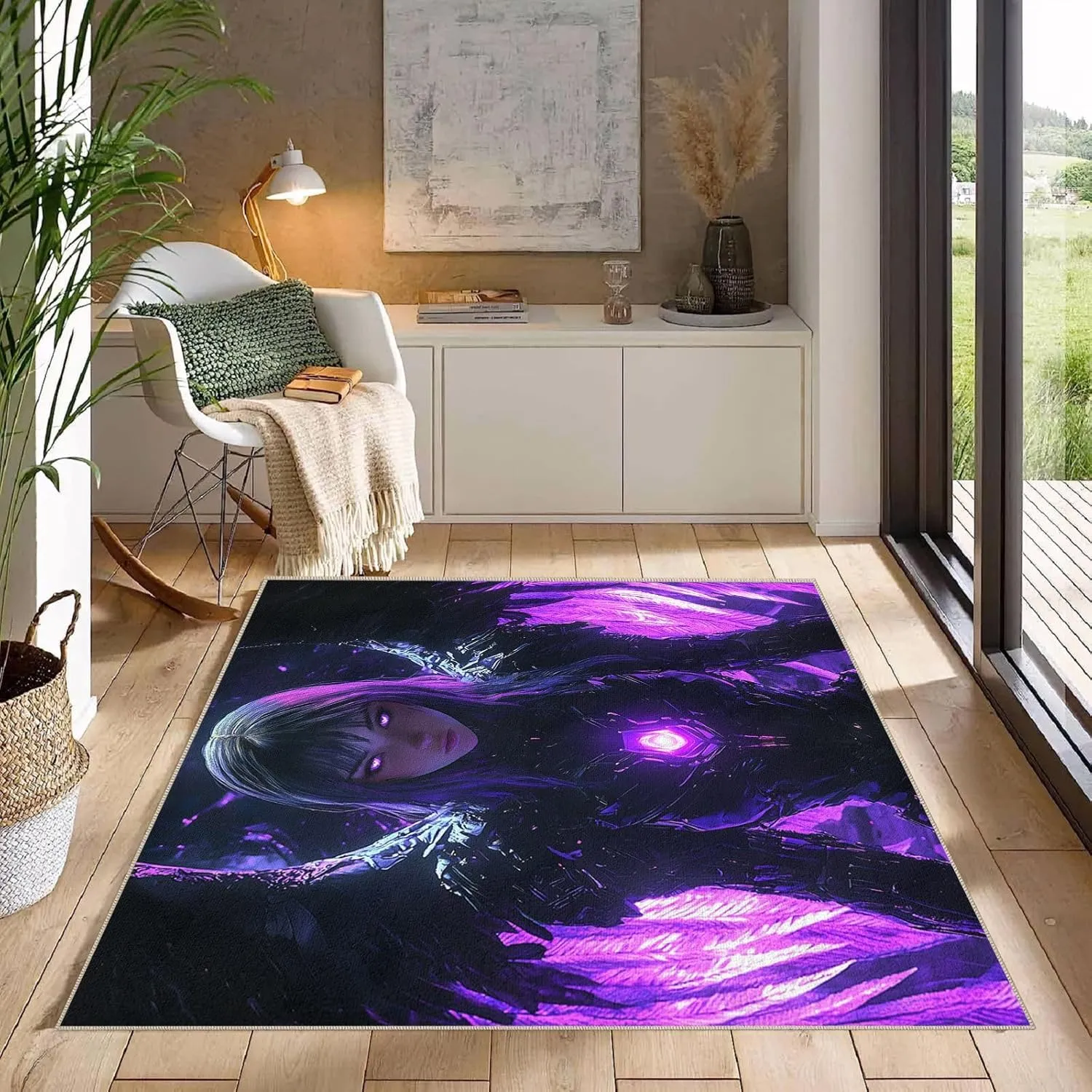 Area Rugs 2.6'x3.9' Non Slip Anime Rug Foldable Machine Washable 3D Purple Wings Black Armor Girl Pattern Carpet Low Pile Faux Wool Comfy Fluffy Floor Carpet for Various Scenes Home Decor Aesthetic