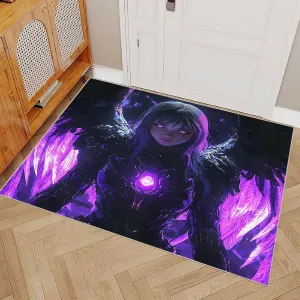 Area Rugs 2.6'x3.9' Non Slip Anime Rug Foldable Machine Washable 3D Purple Wings Black Armor Girl Pattern Carpet Low Pile Faux Wool Comfy Fluffy Floor Carpet for Various Scenes Home Decor Aesthetic