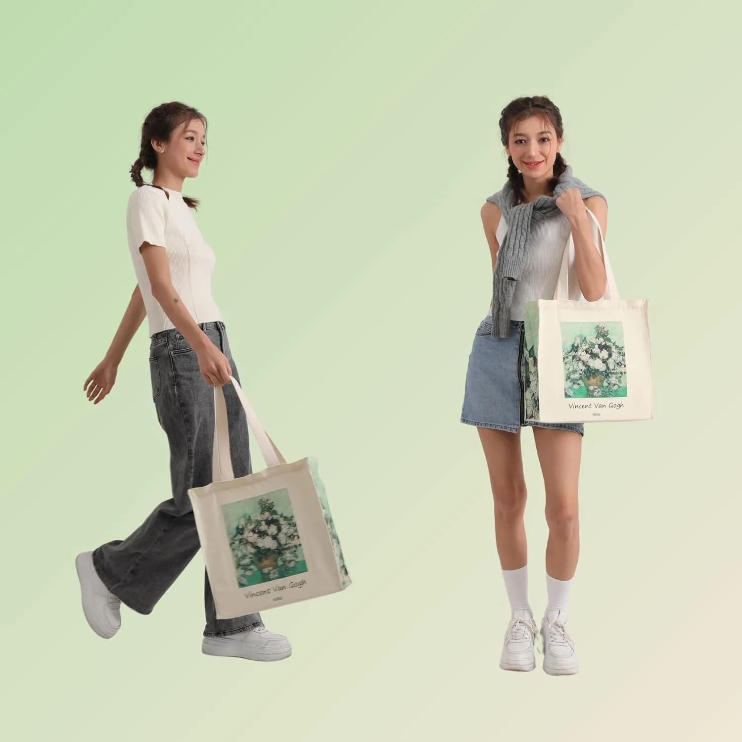 Art Canvas Tote Bag for Women with false flat bottom, zippers,interior Pocket,suitable for Shopping,Work,Travel