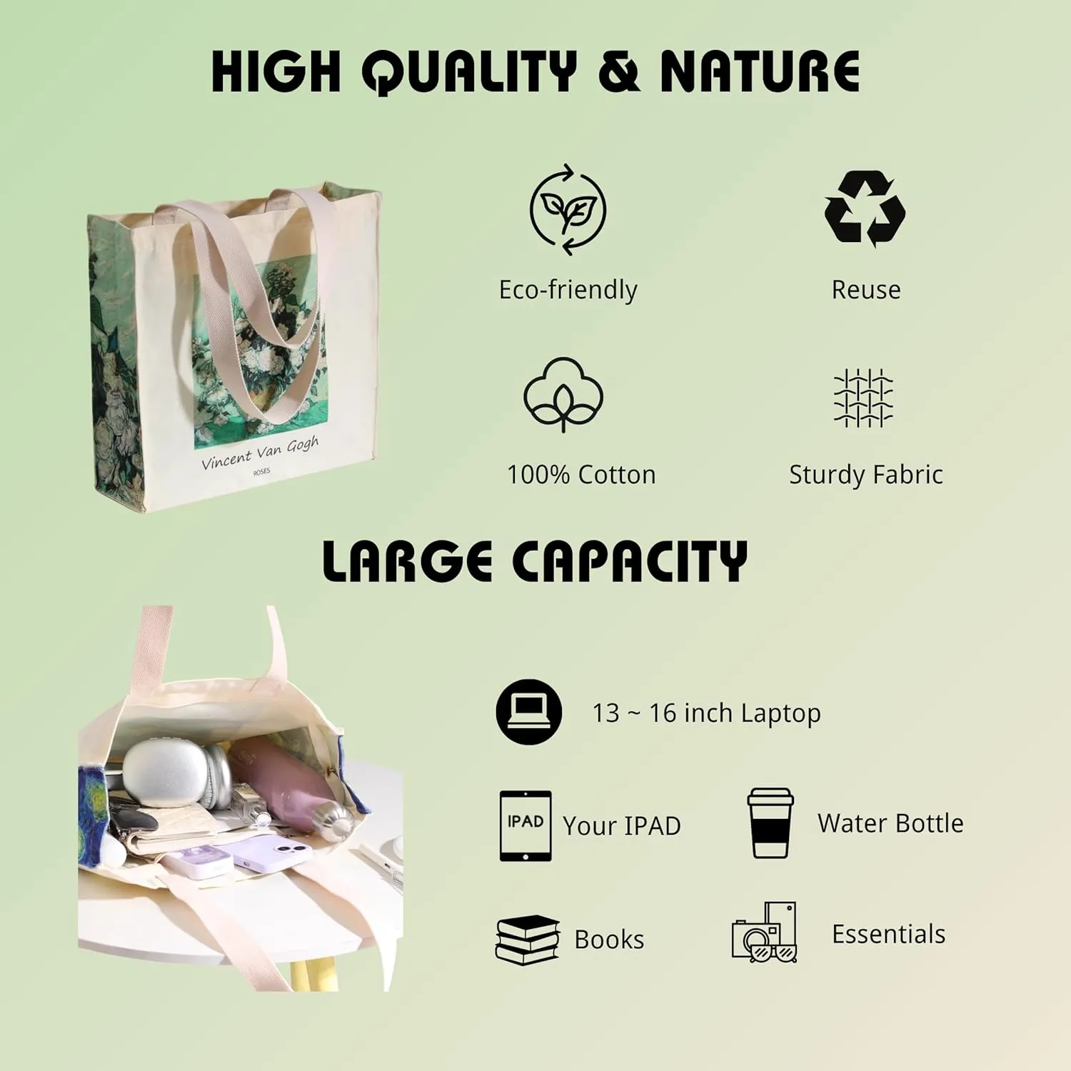 Art Canvas Tote Bag for Women with false flat bottom, zippers,interior Pocket,suitable for Shopping,Work,Travel