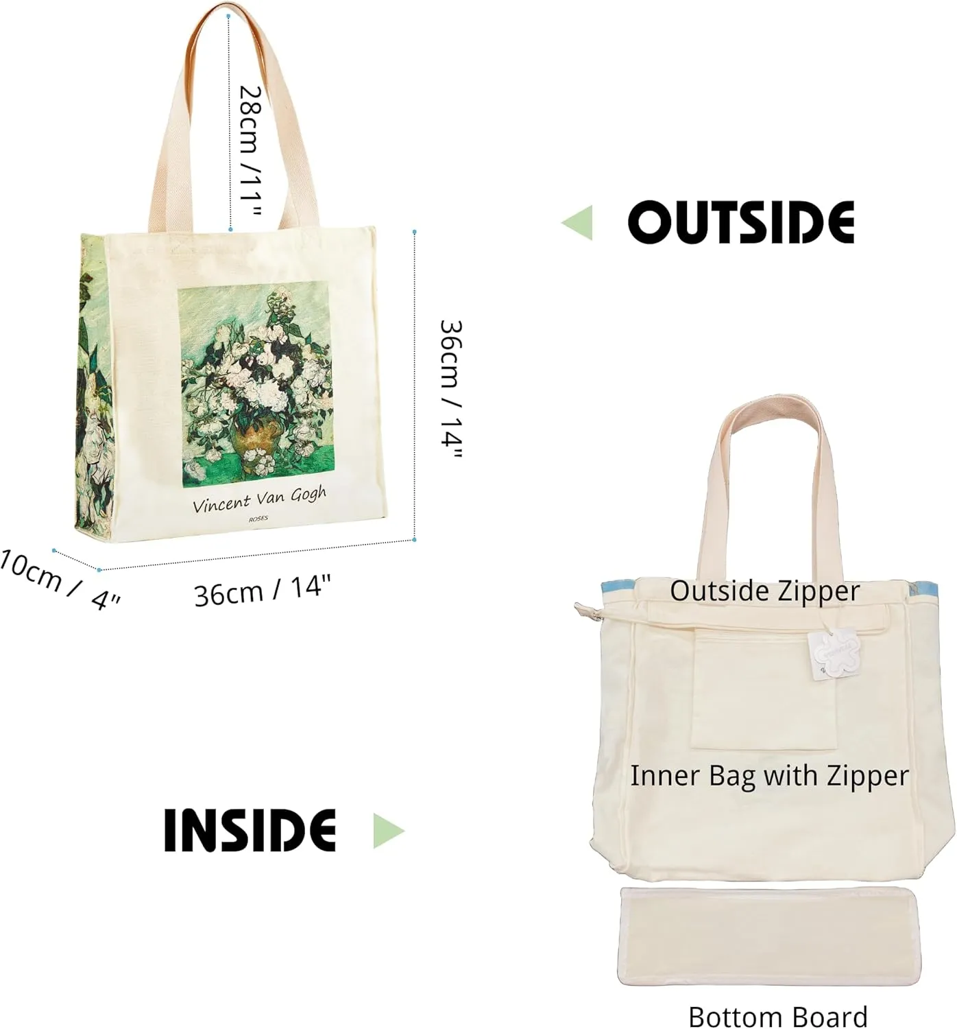 Art Canvas Tote Bag for Women with false flat bottom, zippers,interior Pocket,suitable for Shopping,Work,Travel
