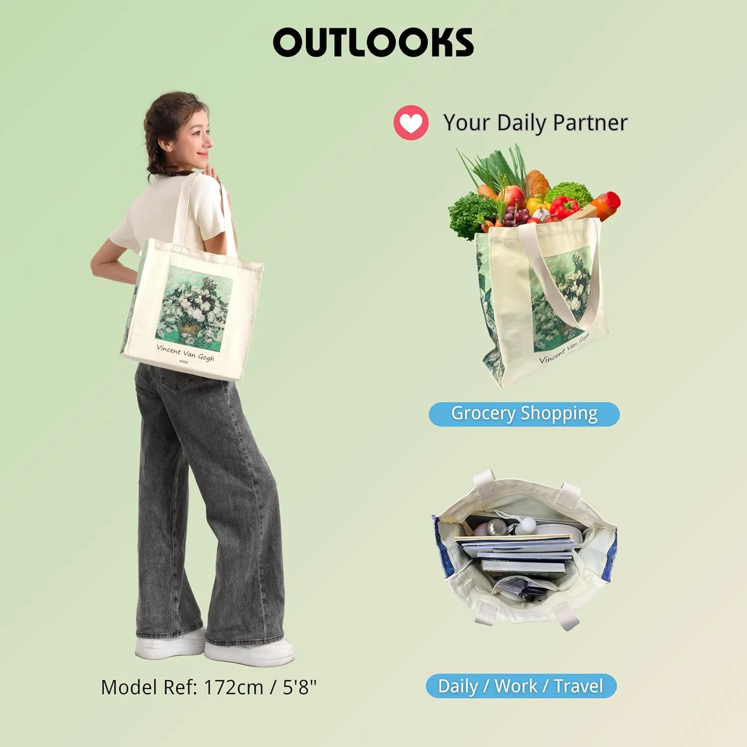 Art Canvas Tote Bag for Women with false flat bottom, zippers,interior Pocket,suitable for Shopping,Work,Travel