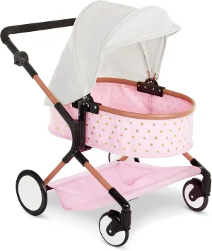 babi by Battat - Baby Doll Double Stroller Mini Gold Stars Foldable Canopy, Swivel Wheels, Basket Pink Carriage Fits Twin 14-inch Dolls Children’s Toys Kids Ages 2  (BAB7630C1Z)