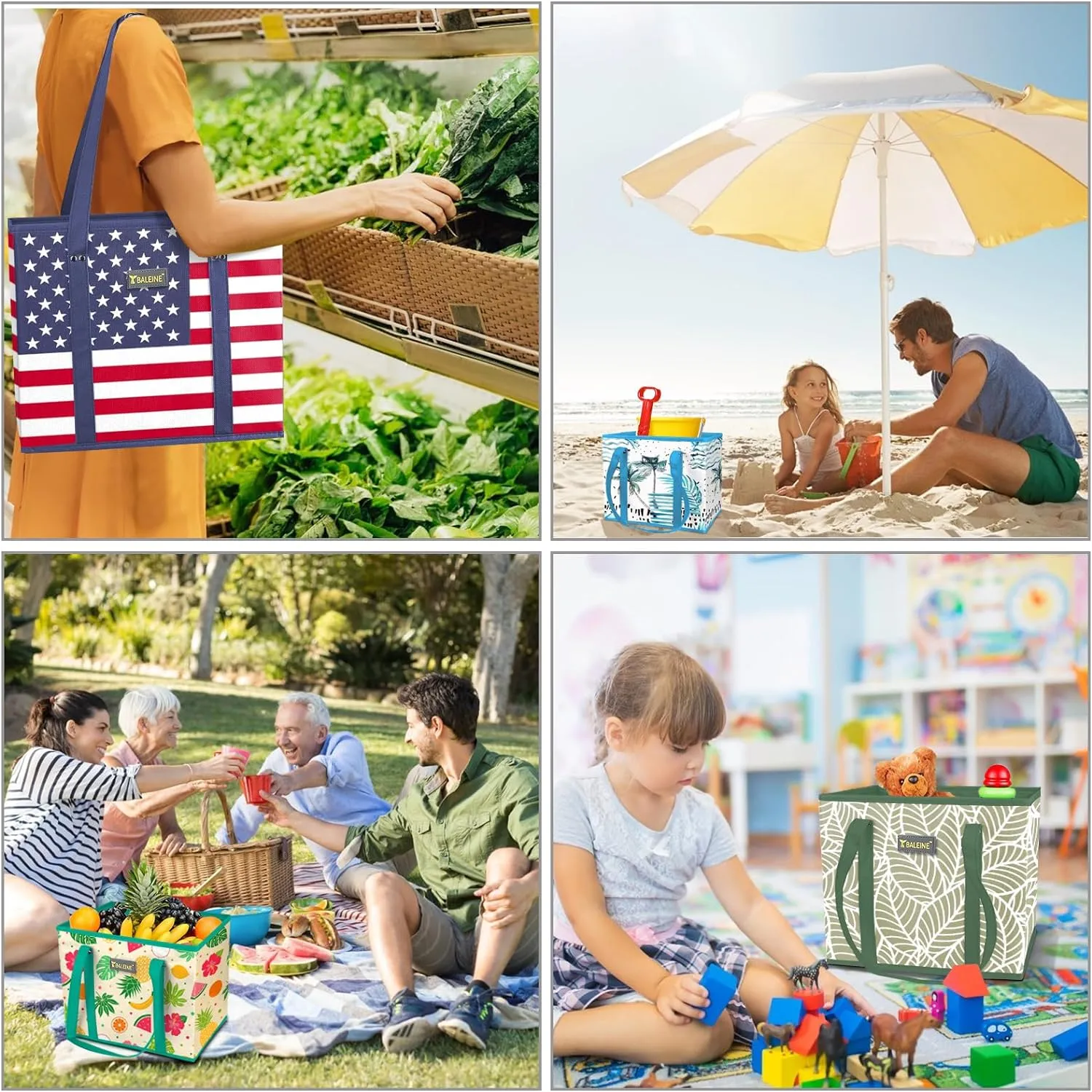BALEINE 3Pk Reusable Grocery Bags, Foldable Shopping Bags for Groceries with Reinforced Bottom & Handles (Blossom Season)