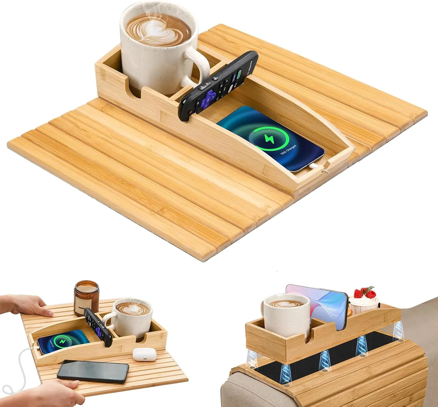 Bamboo Couch Cup Holder, Couch Arm Tray, 3-in-1 Magnetic Couch Armrest Table Anti-Slip Detachable Sofa Caddy Table for Drinks Cellphone TV Remote Snacks