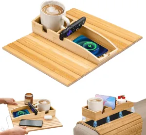 Bamboo Couch Cup Holder, Couch Arm Tray, 3-in-1 Magnetic Couch Armrest Table Anti-Slip Detachable Sofa Caddy Table for Drinks Cellphone TV Remote Snacks