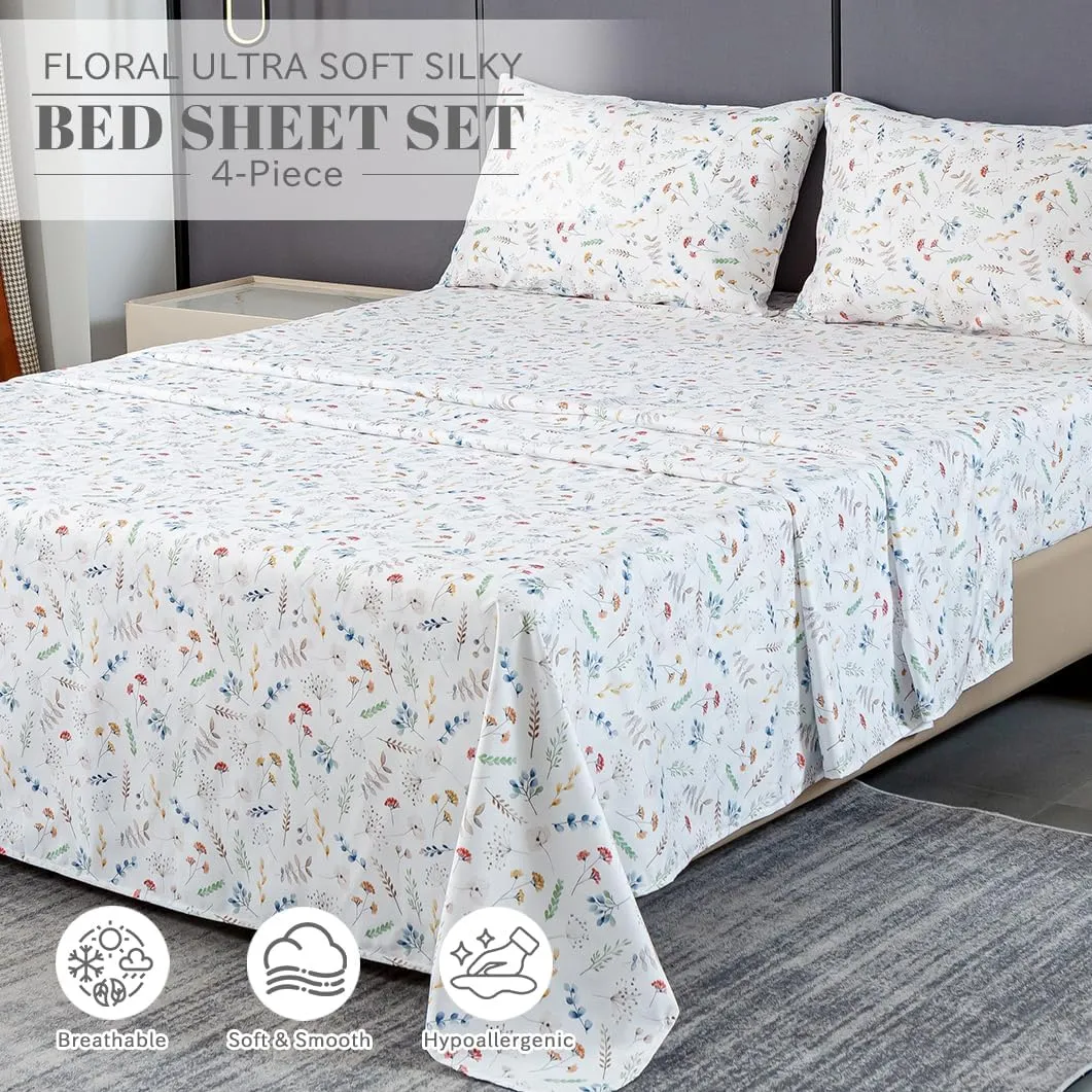 Bedlifes Queen Sheet Set Ultra Soft, Breathable, Silky Flower Deep Pocket 100% Microfiber Bedding, 4 Piece Queen Size White Floral