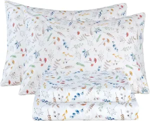 Bedlifes Queen Sheet Set Ultra Soft, Breathable, Silky Flower Deep Pocket 100% Microfiber Bedding, 4 Piece Queen Size White Floral