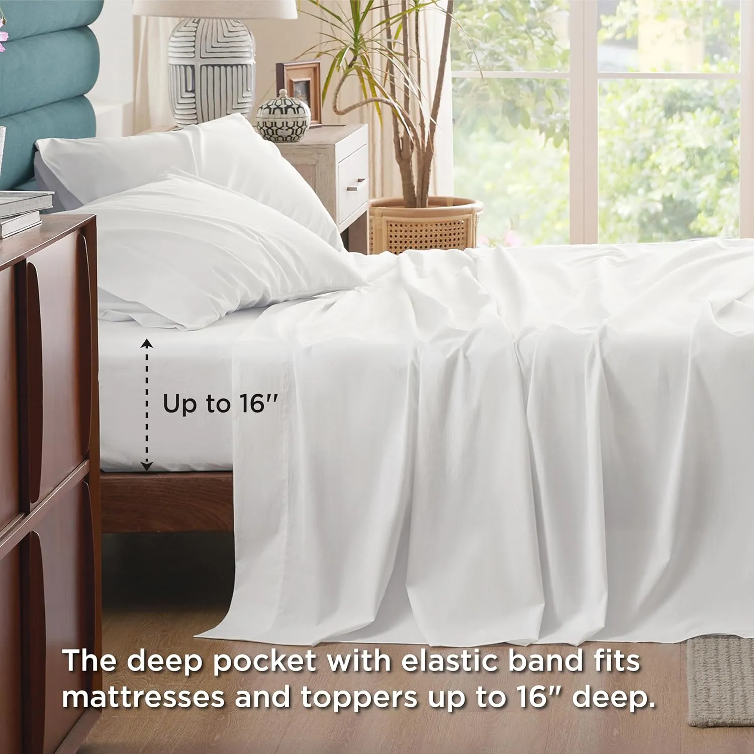 Bedsure 100% Cotton Percale Sheets Queen Size, Queen Sheet Set with Deep Pocket Up to 16 Inches, Breathable & Crirsp Soft, Bedsheet & Pillowcase Sets, 4 Pieces, White