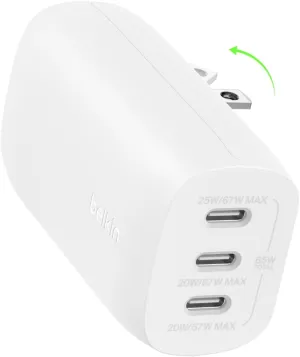 Belkin BoostCharge 3-Port USB-C Wall Charger with PPS 67W, USB-C PD 3.1 Enabled Fast Charging Charger for iPhone 16, MacBook Pro, AirPods, Galaxy, Nintendo Switch 2 & Other PD Enabled Devices - White