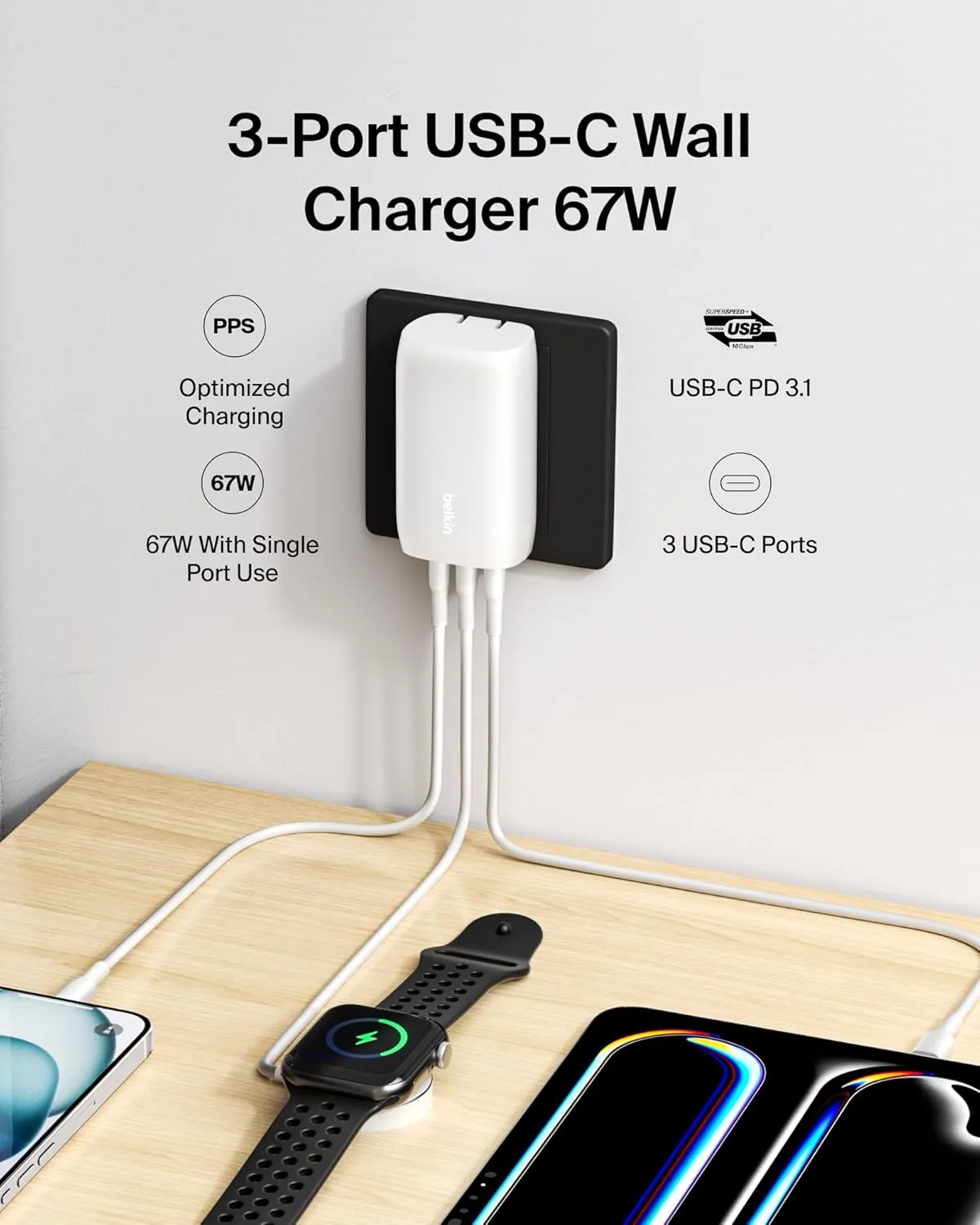 Belkin BoostCharge 3-Port USB-C Wall Charger with PPS 67W, USB-C PD 3.1 Enabled Fast Charging Charger for iPhone 16, MacBook Pro, AirPods, Galaxy, Nintendo Switch 2 & Other PD Enabled Devices - White