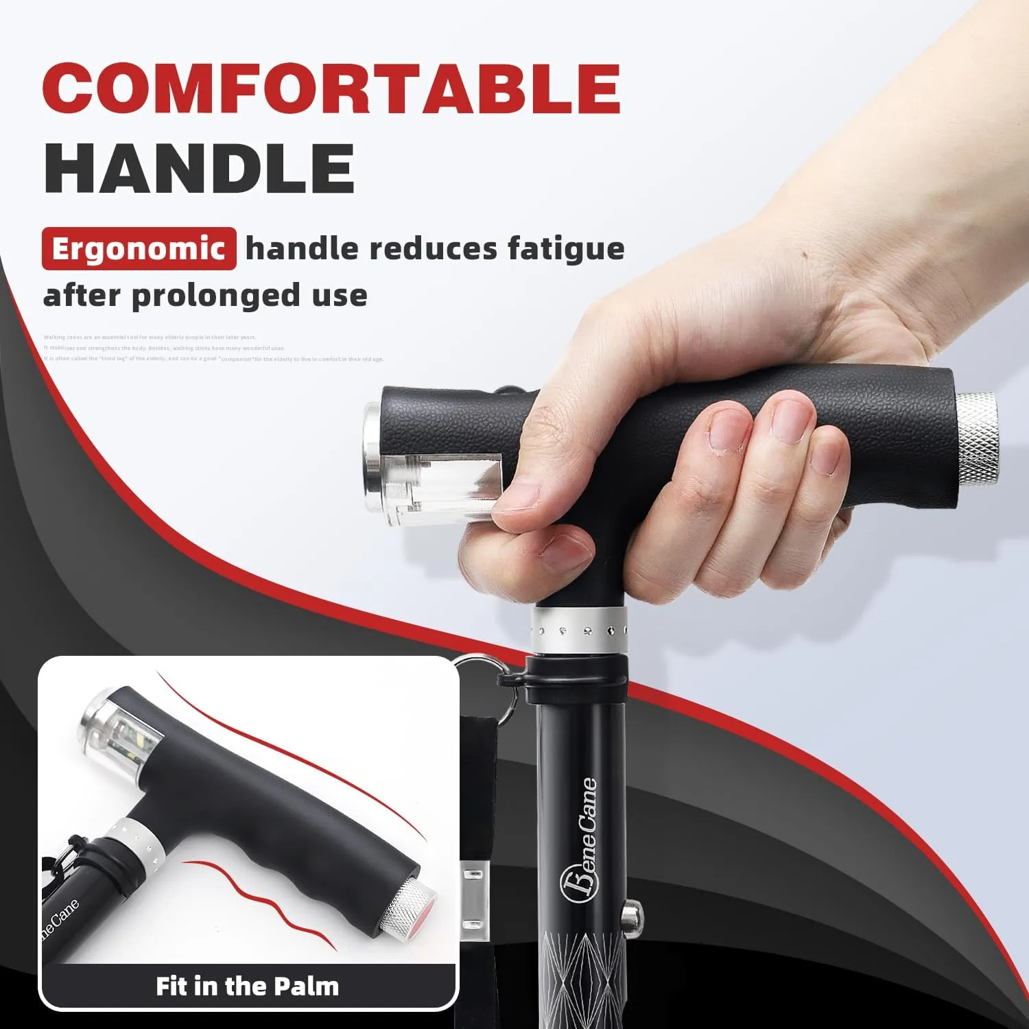 BeneCane Walking Cane for Women Folding Cane for Men with Two Led Lights Quad Cane with Stable Base Lightweight and Adjustable Walking Stick