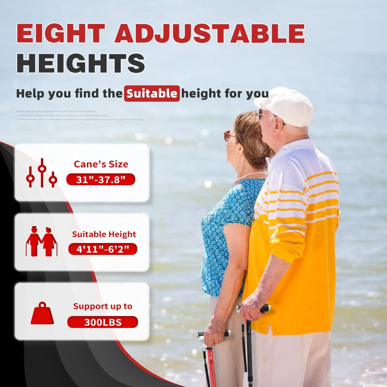 BeneCane Walking Cane for Women Folding Cane for Men with Two Led Lights Quad Cane with Stable Base Lightweight and Adjustable Walking Stick