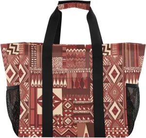 Boho Reddish Brown Vintage Texture Utility Bag Foldable Beach Bag With Pockets Resuable Grocery Bags Canvas Laundry Bags