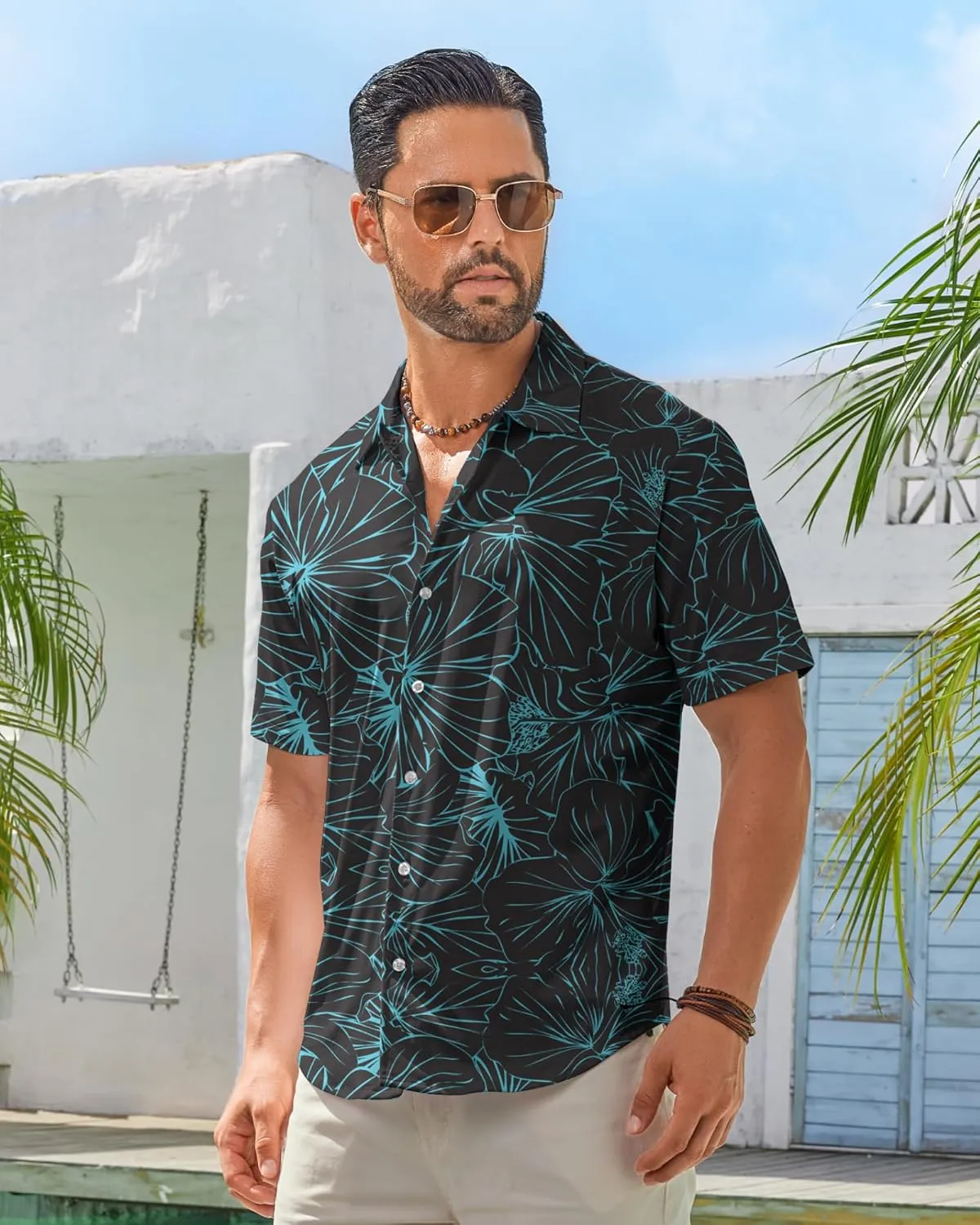 BOJIN Men's Hawaiian Wrinkle Free Short Sleeve Button Down Tropical Floral Beach Vacation Shirt