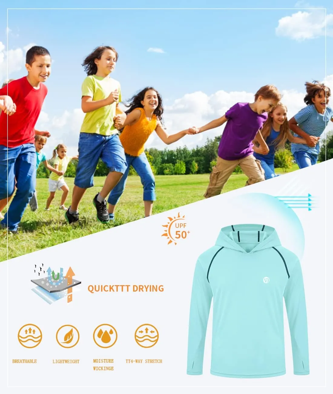 Boys Girls Hooded Sun Shirts UPF50  Long Sleeve Hoodies Quick Dry Rash Guard Swim Shirts Fishing Hiking Thumb Holes