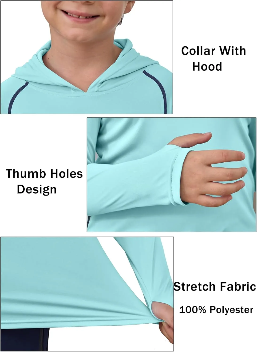 Boys Girls Hooded Sun Shirts UPF50  Long Sleeve Hoodies Quick Dry Rash Guard Swim Shirts Fishing Hiking Thumb Holes