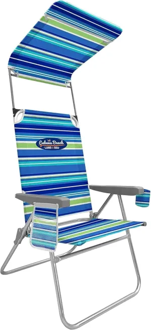 Cabana Beach Folding Beach Chair, 1 Position High Back Outdoor Camping Accessories with Canopy, Lightweight and Portable, Stripe