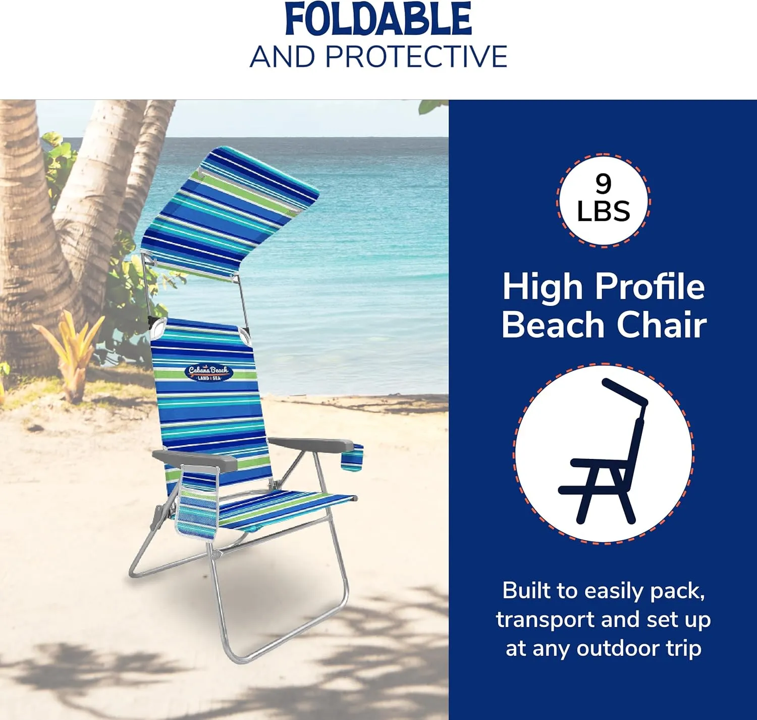 Cabana Beach Folding Beach Chair, 1 Position High Back Outdoor Camping Accessories with Canopy, Lightweight and Portable, Stripe