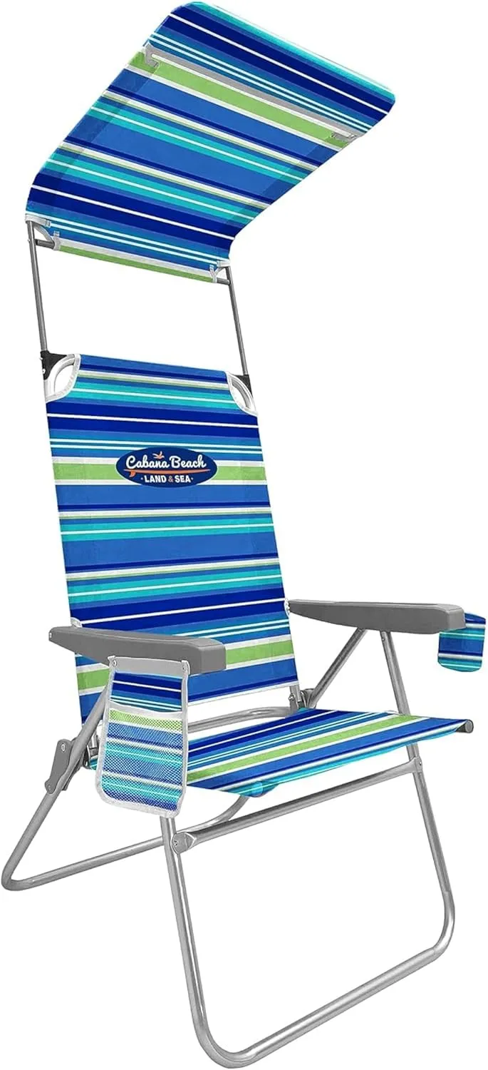 Cabana Beach Folding Beach Chair, 1 Position High Back Outdoor Camping Accessories with Canopy, Lightweight and Portable, Stripe