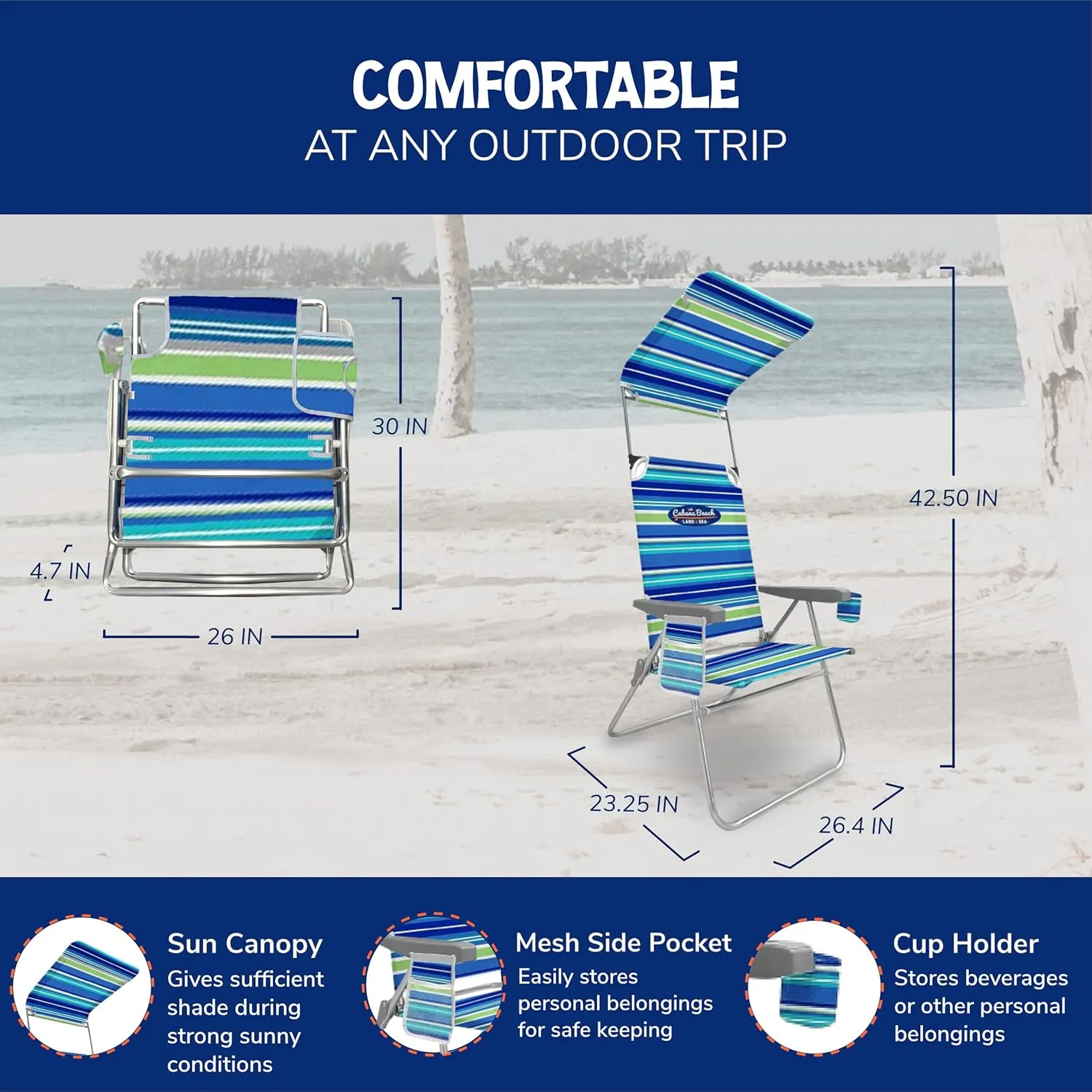 Cabana Beach Folding Beach Chair, 1 Position High Back Outdoor Camping Accessories with Canopy, Lightweight and Portable, Stripe