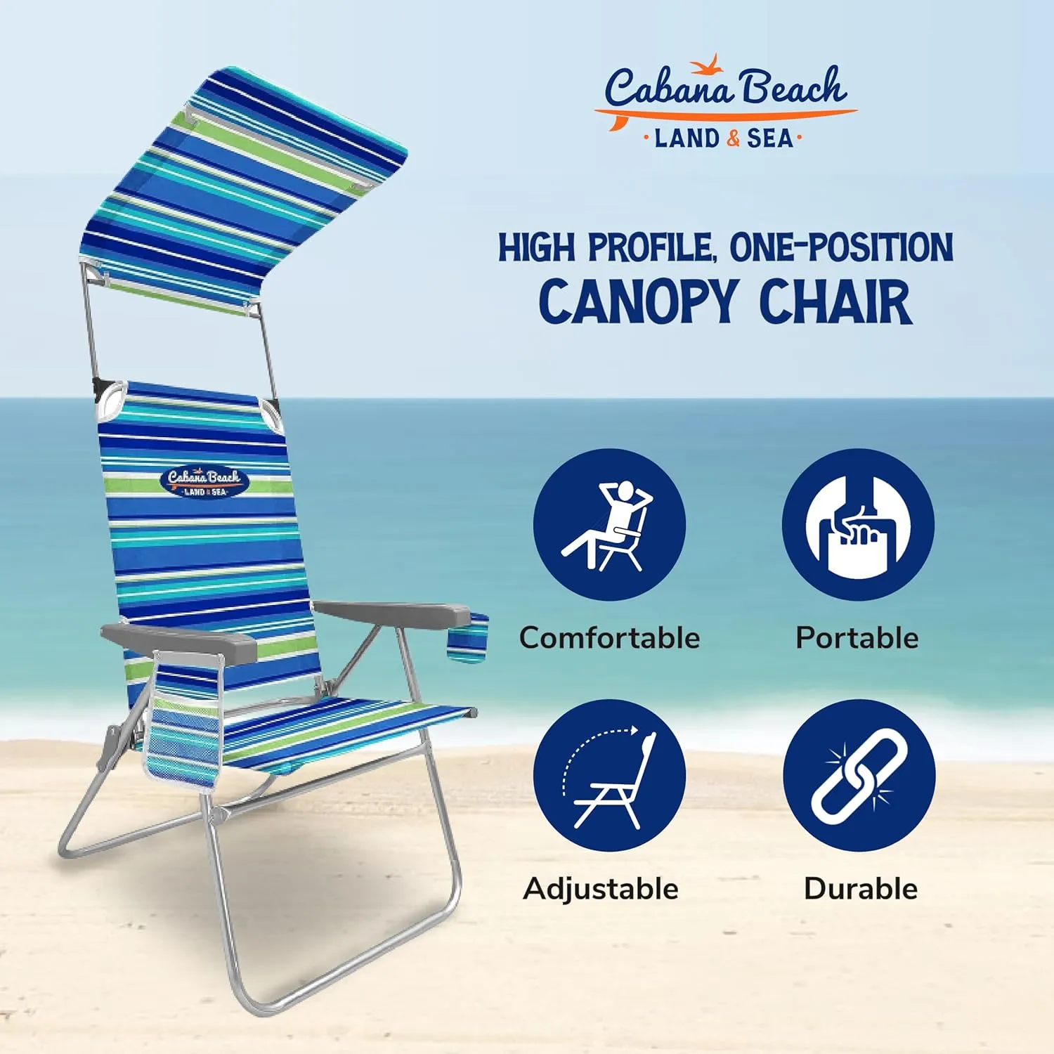 Cabana Beach Folding Beach Chair, 1 Position High Back Outdoor Camping Accessories with Canopy, Lightweight and Portable, Stripe