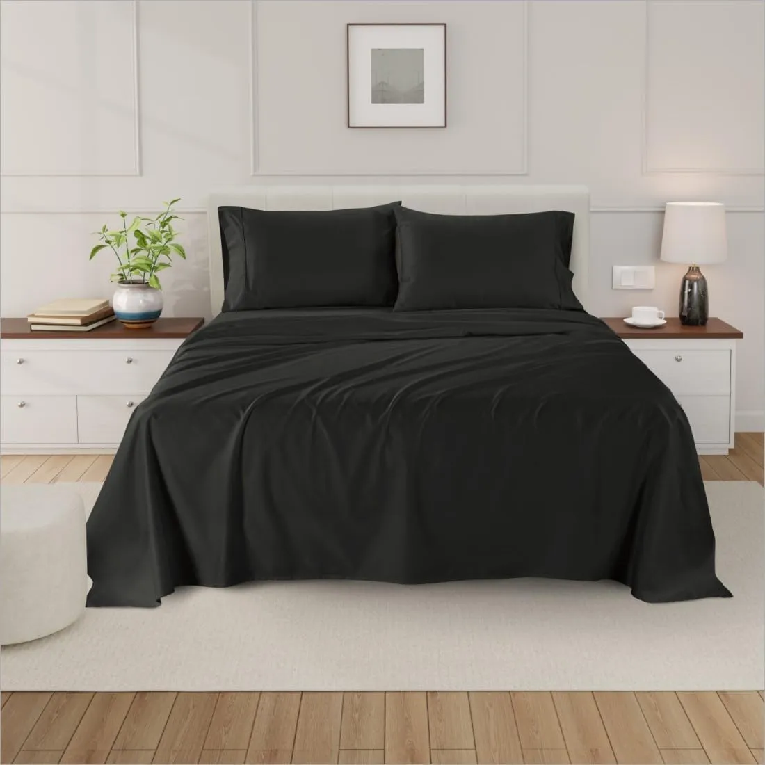 California King Size Egyptian Cotton Sheets, Luxury 1000 Thread Count 4Pc Cal. King Sheets Set, Soft Certified Sateen Weave 16" Deep Pocket, Breathable Cooling Bedding Sheets Set - Black