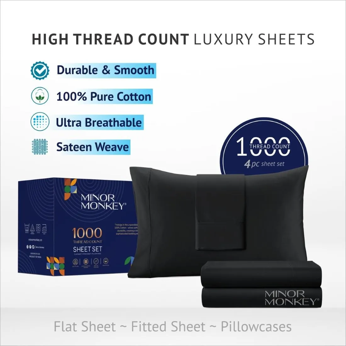 California King Size Egyptian Cotton Sheets, Luxury 1000 Thread Count 4Pc Cal. King Sheets Set, Soft Certified Sateen Weave 16" Deep Pocket, Breathable Cooling Bedding Sheets Set - Black
