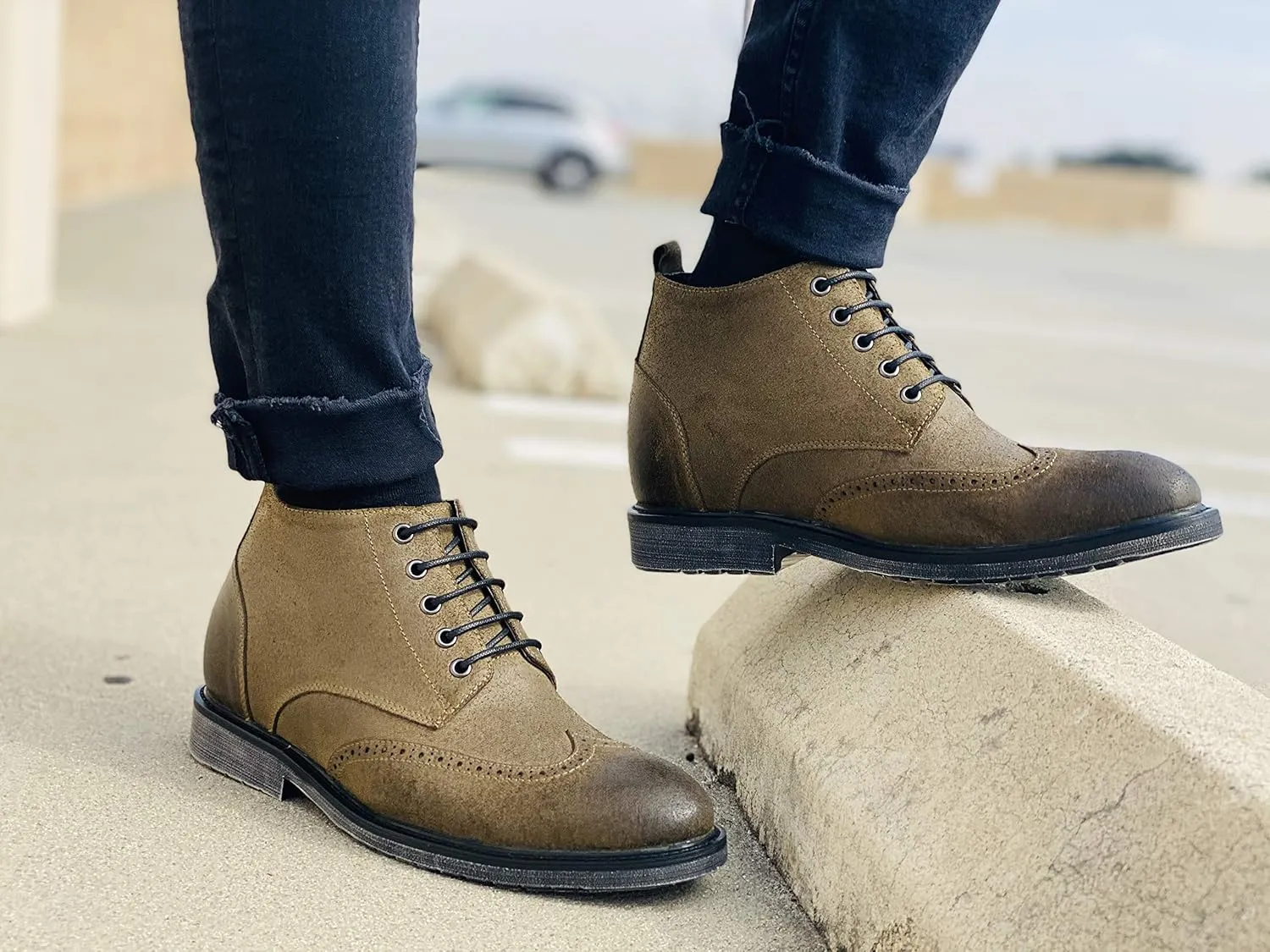 CALTO Men's Invisible Height Increasing Elevator Shoes - Khaki Premium Leather Lace-up Lightweight Wing-tip Work Boots - 3 Inches Taller - S3653 - Size 8 D(M) US