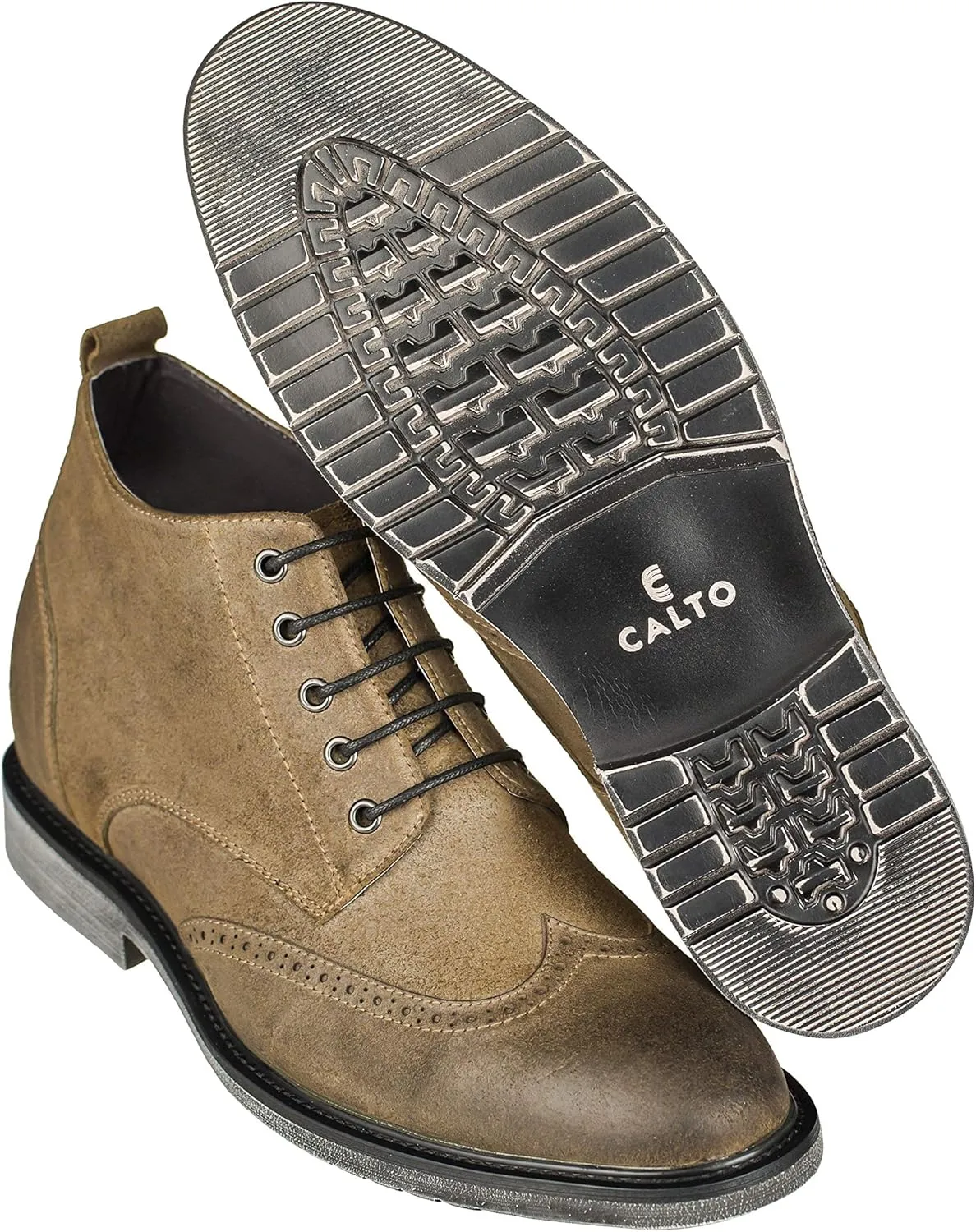 CALTO Men's Invisible Height Increasing Elevator Shoes - Khaki Premium Leather Lace-up Lightweight Wing-tip Work Boots - 3 Inches Taller - S3653 - Size 8 D(M) US