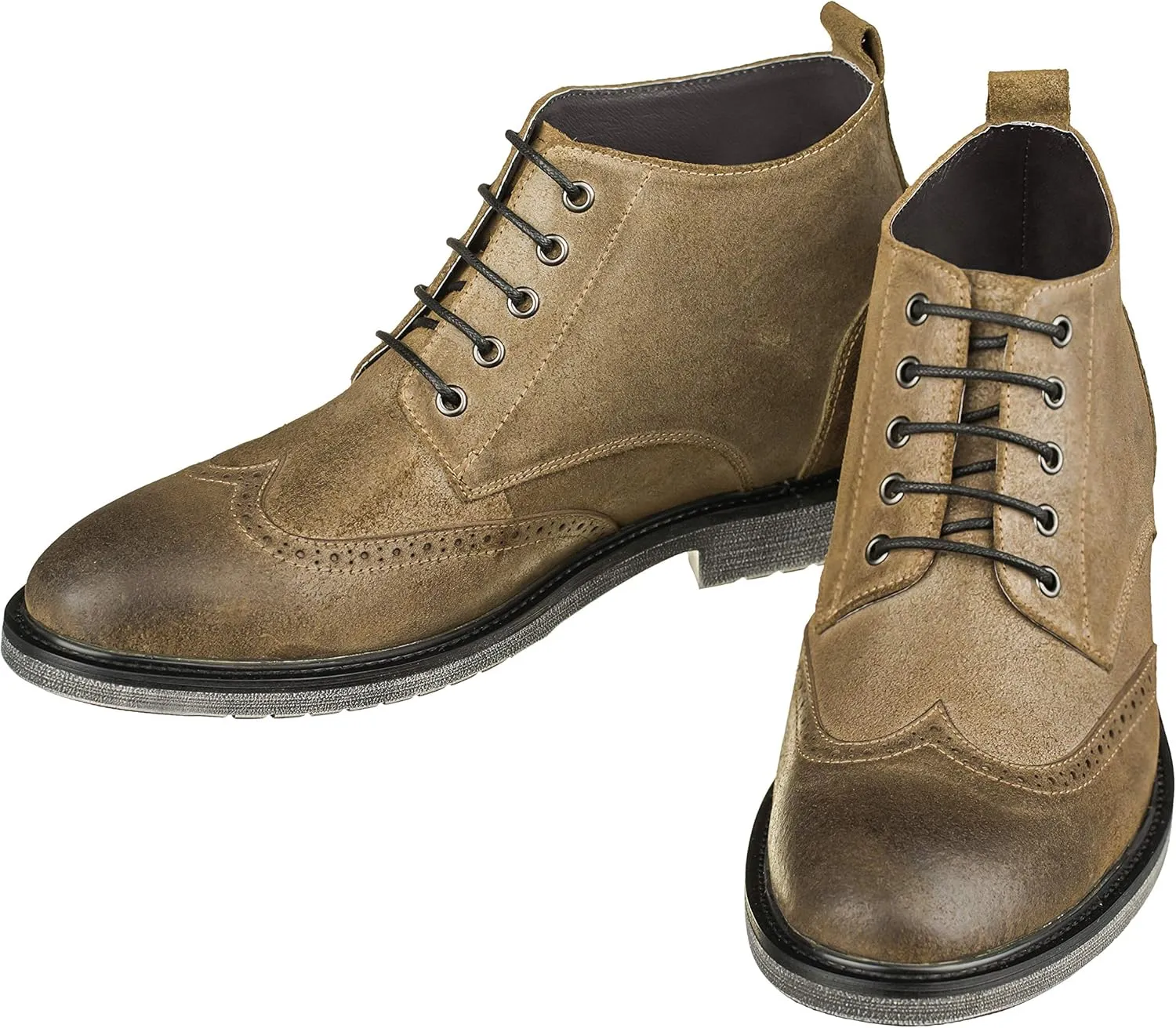 CALTO Men's Invisible Height Increasing Elevator Shoes - Khaki Premium Leather Lace-up Lightweight Wing-tip Work Boots - 3 Inches Taller - S3653 - Size 8 D(M) US