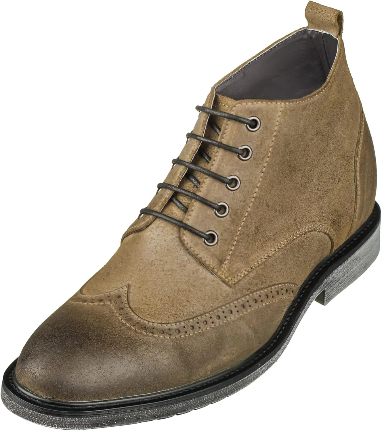 CALTO Men's Invisible Height Increasing Elevator Shoes - Khaki Premium Leather Lace-up Lightweight Wing-tip Work Boots - 3 Inches Taller - S3653 - Size 8 D(M) US